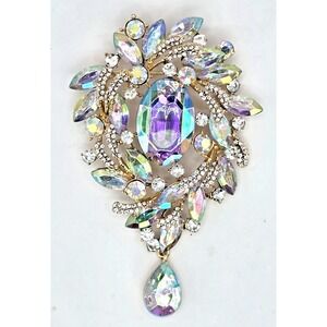 Large Flower Brooch Oval Aurora Borealis Stunning Statement 3 7/8" Tall EUC